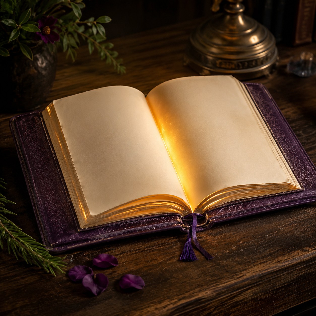 Open antique book glowing softly