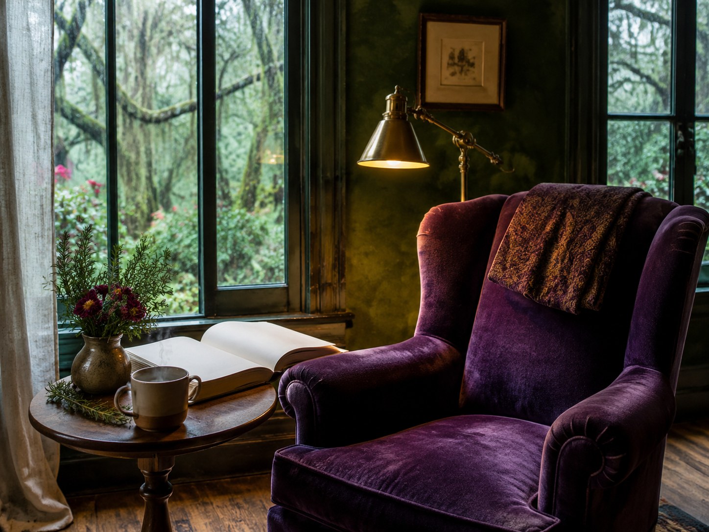 Velvet reading chair beside a rain-dark window