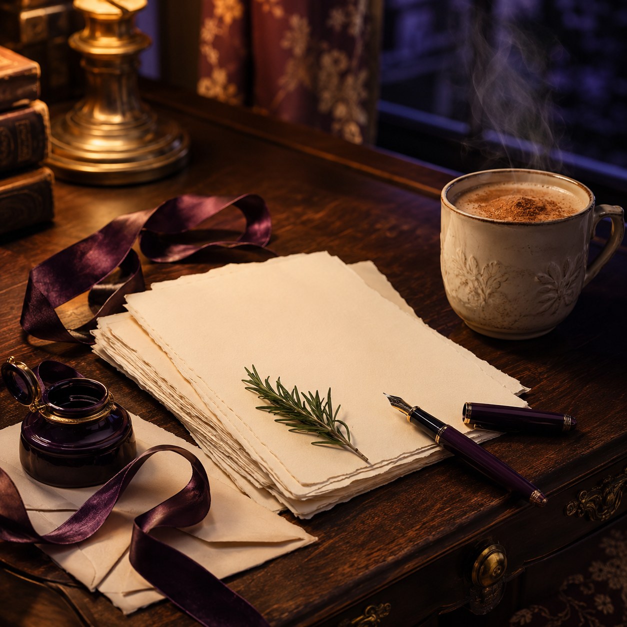 Writing desk with paper, fountain pen, rosemary and tea